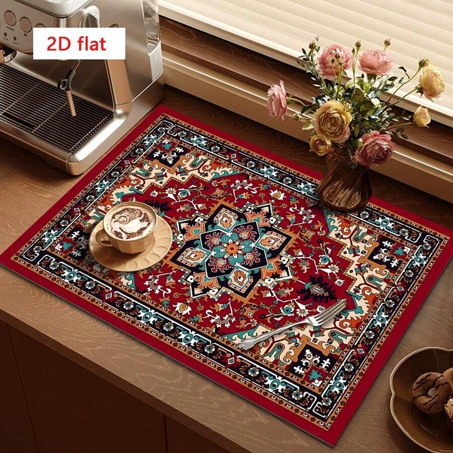 1pc Classic Persian Carpet Pattern Absorbent Drying Mat, Red And Blue-Green, Suitable For Dining Table, Coffee Machine, Multi-Purpose Drainage Pad, Home Gift, Desktop Decor