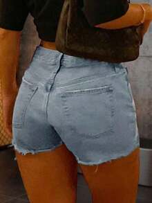 Shorts vaqueros de mujer con estilo callejero, lavados, con dobladillo deshilachado, elásticos y ajustados, para uso casual diario con bolsillos, adecuados para primavera/verano, vuelta al colegio - Azul - Ver 8