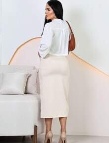 Women's Elegant Tailored Midi Skirt With Belt - 米色 - 查看 4