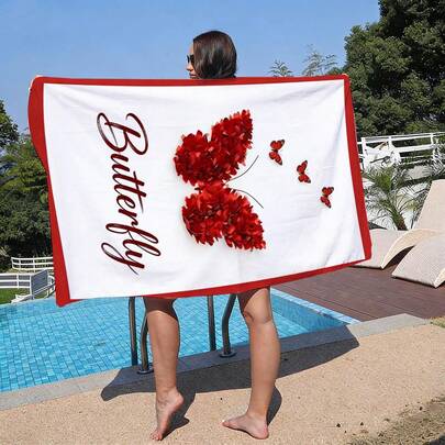 1条红色蝴蝶印花超柔软微纤维沙滩巾，多种尺寸可选，轻便沙滩毯，适合游泳、露营、运动、海滩或健身房使用。