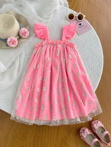 Đầm lưới họa tiết hoa cúc kiểu công chúa, đầm yếm cho bé gái, thích hợp mặc mùa hè. - Hồng - Xem 2