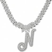 14mm Cuban Link Crystal Butterfly Letter Name Pendant Necklace, Sparkling Paved Rhinestone Cursive Letter Hip Hop Jewelry, New Arrival - Necklace - View 38
