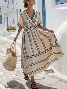 Vestido feminino novo estilo boémio às riscas elegante de verão - Caqui - Ver 5