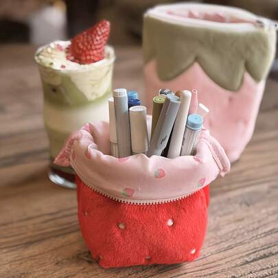 1pc Strawberry Upright Pencil Case, Soft Plush Design, Available In Pink & Red. Upright Design Is Stable And Won't Tip Over, Large Capacity To Store Stationery, Phones, Cosmetics, Planner Supplies, And Compact Cameras. Shock-Proof, Scratch-Resistant, Portable And Versatile, Sweet And Cute Yet Practical, Suitable For Daily Study, Office, And Travel.