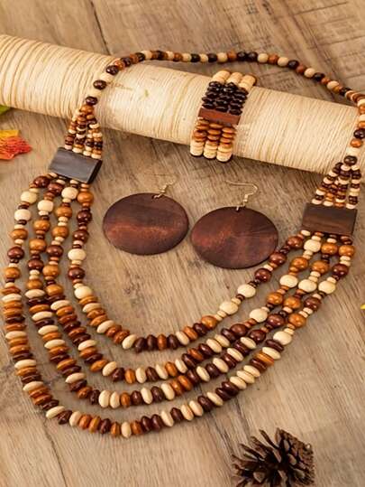 Wooden Bead Bohemian Style Handmade Beaded Necklace, Bracelet, Earrings