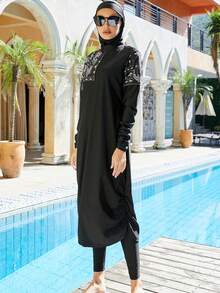 Women Modest Swimsuit Full Coverage Swimwear Islamic Hijab Swimming Burkini Swim Suit Solid Color Black Spring - Black - View 3