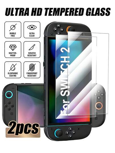 Bộ 2 miếng dán màn hình cường lực toàn màn hình, dành cho Nintendo Switch 2, chất liệu cứng cáp, trong suốt, chống trầy xước.