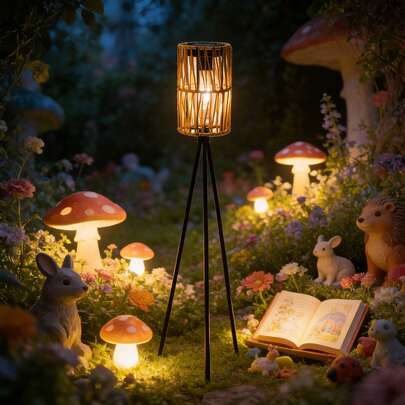 Đèn đường năng lượng mặt trời bằng mây đan thủ công 31,1 inch, chân đế ba chân bằng sắt chống gỉ, tự động bật/tắt, thích hợp cho sân vườn, bãi cỏ, lối đi, chiếu sáng cảnh quan trang trí phong cách Boho, phát ra ánh sáng ấm áp.