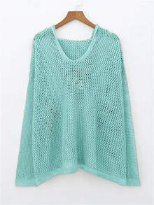 大码女式露肩长袖镂空连帽衫，休闲百搭，适合秋季、春季、海滩、派对、夏季穿着。 - 薄荷藍 - 查看 4