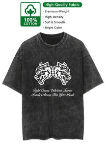 Summer Tops DARC Fitness European And American Wolf Head Print Washed Distressed Pure Cotton Short-Sleeve T-Shirt Loose Wolf Head Fitness Style Summer - 黑色 - 查看 6