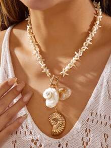 1 chiếc vòng cổ mặt dây chuyền hình sao biển và vỏ sò phong cách Bohemian Y2K, vòng cổ đi biển thường ngày dành cho nữ. - Vỏ ốc nhiều màu - Xem 4