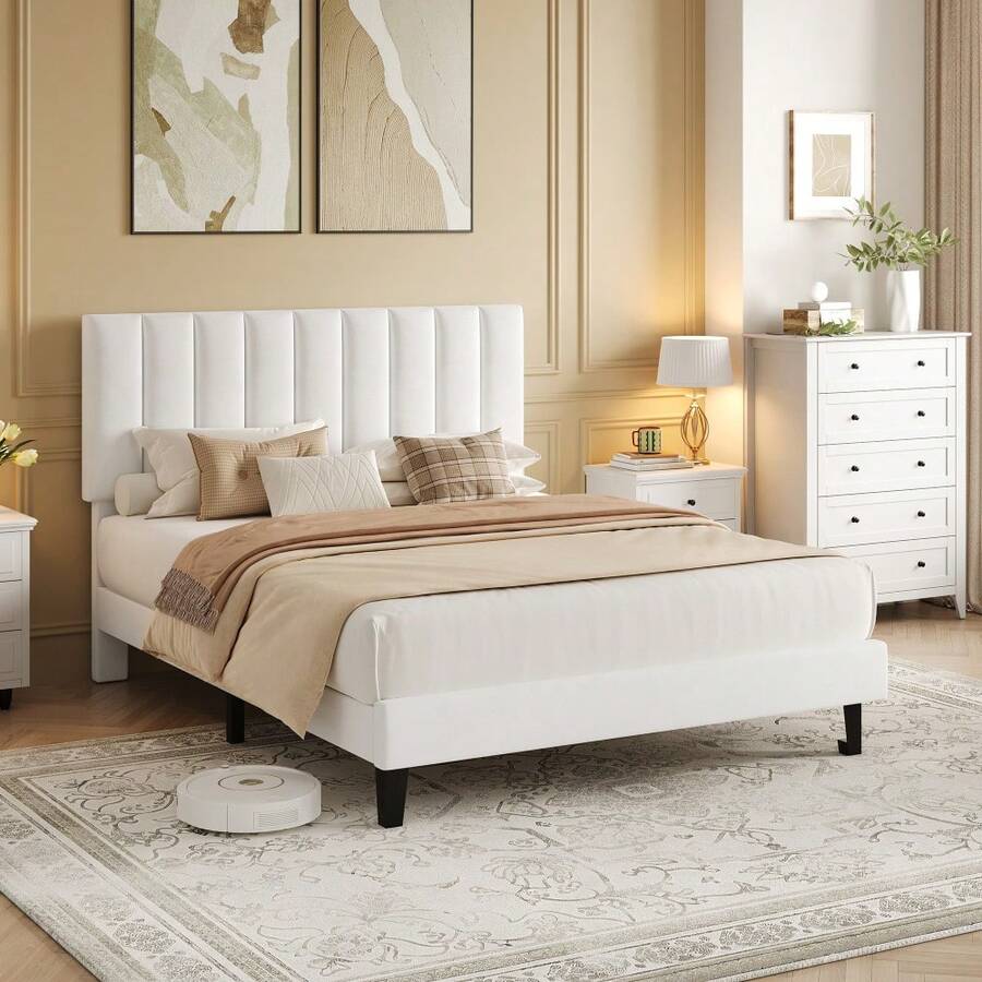 Full Size Bed Frame With Adjustable Height Headboard, Upholstered Platform Bed Frame With Vertical Channel Tufted Design, Sturdy Wooden Slats For Noise-Free Support, No Box Spring Needed - White - View 1