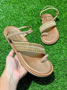 Papete Feminina Baixinha com Brilho Chinelo Flat Rasteira – Conforto e Estilo Lançamento 2026  Férias  Festa  Casual    Strass    Papete  Férias    verao - Rose - Visão 2