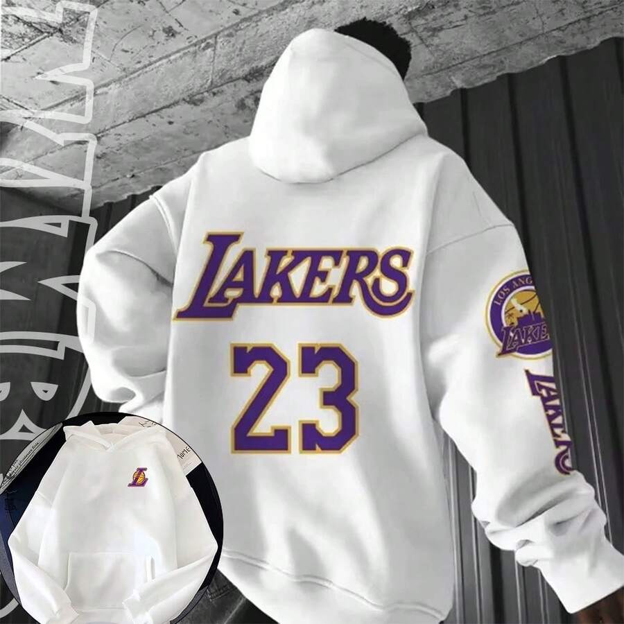 Custom LA Streetwear Basketball Hoodie Kangaroo Style - Branco Lakers - View 1