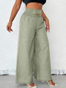 Women's Linen Wide-Leg Pants With High Waist And Gold Chain Detail | Linen Style | Sizes P To G3 | - 綠色 - 查看 2