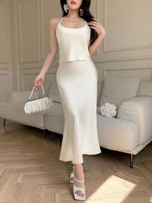 abyoxi Bộ đồ nữ màu mơ satin, thanh lịch, giản dị, gợi cảm, tối giản gồm áo cổ yếm buộc dây sau lưng và chân váy midi đuôi cá, thích hợp cho đám cưới, tiệc tùng, kỳ nghỉ biển, dạ hội, lễ tốt nghiệp, mùa cưới, trang phục mùa xuân hè. - Màu be - Xem 4