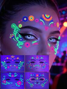4 piezas de tatuajes temporales florales neón, pegatinas de arte corporal que brillan en la oscuridad, adecuadas para fiestas nocturnas, festivales de música, arte en las mejillas y las cejas en primavera/verano - Multicolor - Ver 2
