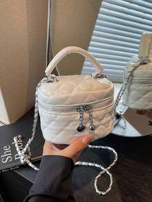 New Fashion Classic Multifunctional Waterproof PU Material, Quilted Diamond Pattern Women's Handbag, Lightweight And Easy To Carry, Zipper Closure Design, Chain Decor Slanted Round Box Bag, Wallet, Suitable For Shopping, Travel, Commuting And Other Occasions. - 米色 - 查看 9