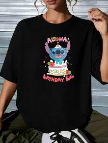 Disney Lilo And Stitch Aloha Birthday Girl Graphic T-Shirt, Cute Stitch Birthday Oversized TeeThis Women's Crew-Neck Cropped Top Is Suitable For All Seasons And Perfectly Suited For Any Occasion-Whether For Everyday Wear, A Shopping Trip, Or Attending Parties And Gatherings, It Is An Excellent Choice. It Serves Not Only As An Ideal Staple For Your Daily Wardrobe But Also As A Thoughtful Gift For Friends And Family. - Black - View 1