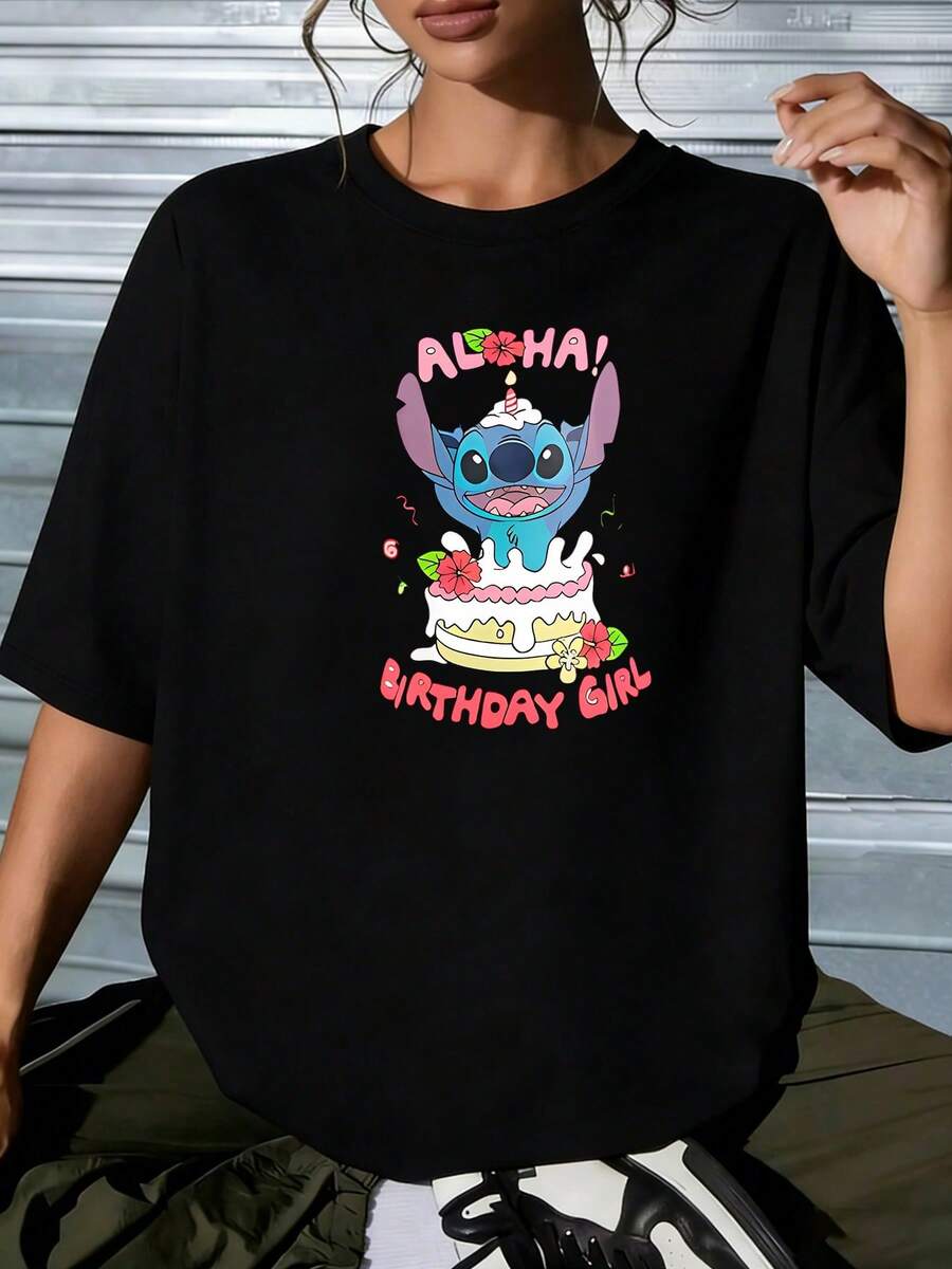 Disney Lilo And Stitch Aloha Birthday Girl Graphic T-Shirt, Cute Stitch Birthday Oversized TeeThis Women's Crew-Neck Cropped Top Is Suitable For All Seasons And Perfectly Suited For Any Occasion-Whether For Everyday Wear, A Shopping Trip, Or Attending Parties And Gatherings, It Is An Excellent Choice. It Serves Not Only As An Ideal Staple For Your Daily Wardrobe But Also As A Thoughtful Gift For Friends And Family. - Black - View 1