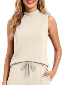 Casly Lamiit Women's 2 Piece Outfits Summer Casual Mock Neck Sleeveless Top Wide Leg Pant Sets Front Slits Travel Sweatsuit Women's Summer Outfits Pair Effortlessly With Your Favorite Pieces In Your Wordrobe - 米色 - 查看 7