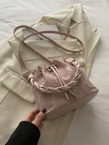 Bolso de cubo mini con cordón para mujer, bolso de hombro acolchado casual para exteriores - Rosa - Ver 5