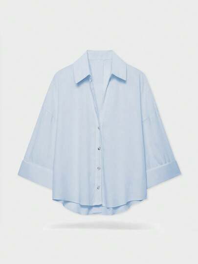YROOE Fashion Casual Versatile Women's Shirt, Minimalist/Business Casual/Daily Commute/Elegant Simplicity, Fashionable Casual Turndown Collar Wide Sleeve Women's Shirt - Sky Blue Summer