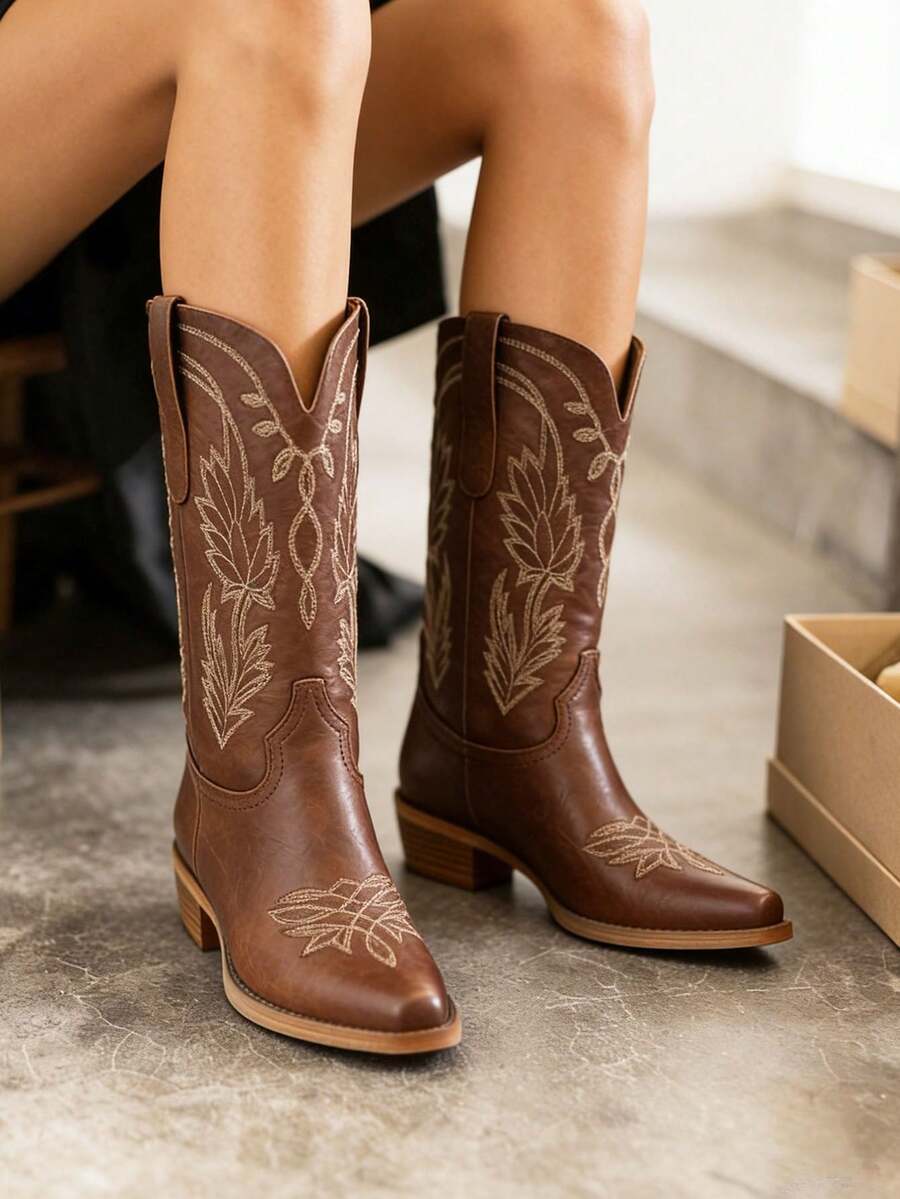 Women's Vintage Embroider Western Cowboy Boots Fashion Chunky Heels Pointed Toe Pull On Casual Party Retro Mid Calf Cowgirl Boots Woman - 棕色 - 查看 1