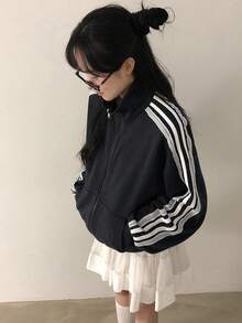 女士休闲宽松立领夹克 黑色 - 黑色 - 查看 3