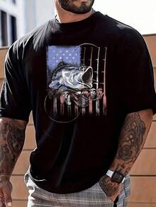 1 pieza de camiseta negra para hombre, talla grande, con estampado de la bandera estadounidense y un diseño de pez, estilo casual, suave, de algodón puro, 180g, 100% algodón. - Blanco - Ver 2
