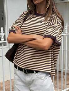 Áo thun nữ Vaiaye cổ tròn dáng rộng, kiểu dáng tối giản, phối sọc, tay ngắn, phù hợp mặc hàng ngày, đi làm và ở nhà. - màu nâu - Xem 3