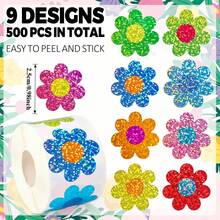 500PCS Spring Flower Sticker Roll Holographic Seal Stickers Sparkling Colorful Chrysanthemum Self Adhesive Stickers For Birthday, Holiday, Envelope, Magazine Decoration - Color - View 3