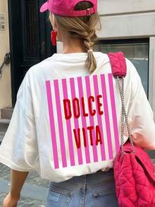 1件女士夏季圆领短袖T恤，竖条纹“DOLCE VITA”印花，休闲白色 - 白色 - 查看 1