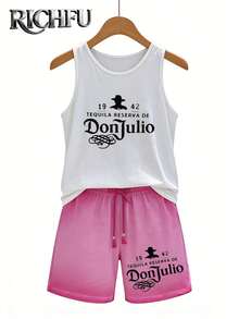Von Dutch,Casual Two Piece Set,Women's Breathable & Comfortable Casual Set,Crew-Neck Pure Cotton Tank Top And Washed Shorts (With Pockets) - Versatile Wardrobe Essential - 白色+粉紅色 - 查看 3