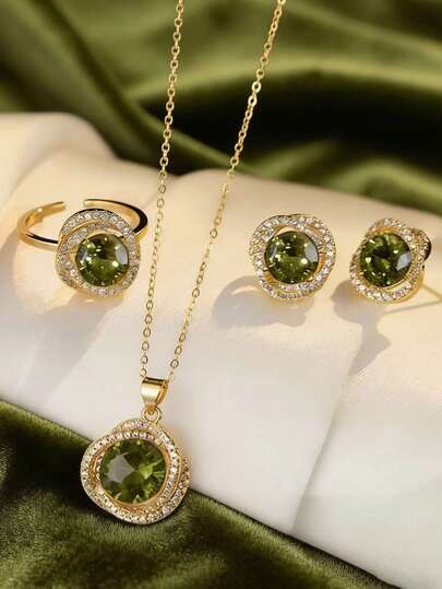 Set de 4 piezas de collar, aretes y anillo con cristales verdes de diseño geométrico elegante, estilo francés único, adecuado para fiestas, vacaciones y uso diario