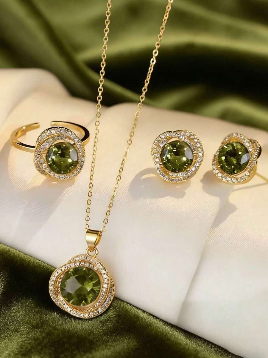 4pcs/Set Elegant Geometric Green Crystal Necklace, Earrings, Ring Set, Unique French Style, Suitable For Party, Holiday And Vacation Wear - Green - View 1