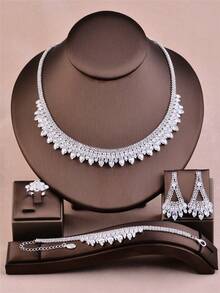 1pc Shiny Luxury Zirconia Jewelry Set, Silver Rhinestone Accessories For Women, Suitable For Bride, Bridesmaid, Wedding, Party, Birthday Gift - Silver - View 1