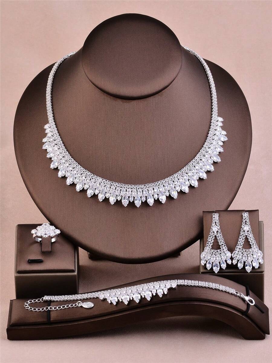 1pc Shiny Luxury Zirconia Jewelry Set, Silver Rhinestone Accessories For Women, Suitable For Bride, Bridesmaid, Wedding, Party, Birthday Gift - Silver - View 1