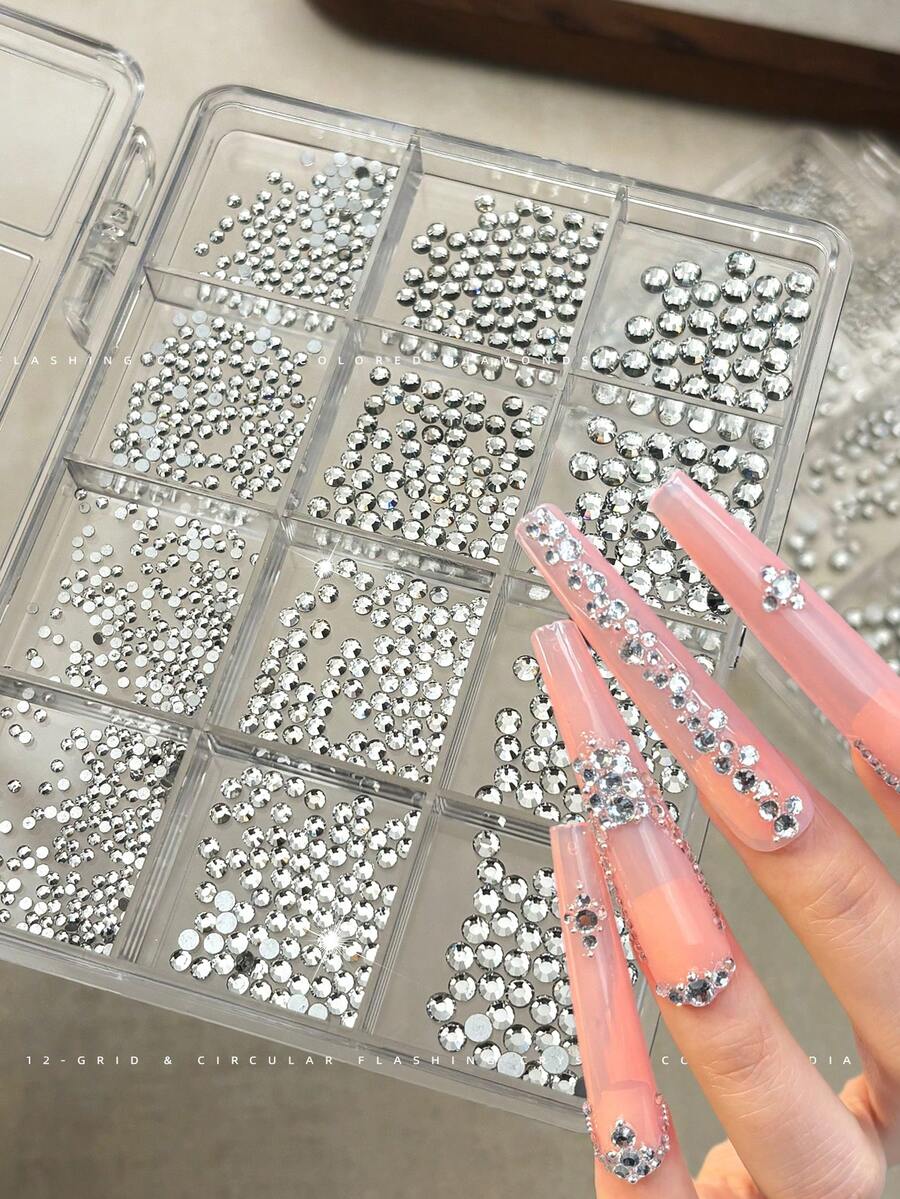 12 Grids Mix Size Crystal Rhinestones Nail Charms Bright Sparkling Clear Flat Back Round Rhinestones For Nail Art K9 Glitter Gems DIY Nail Decoration Supplies Nails