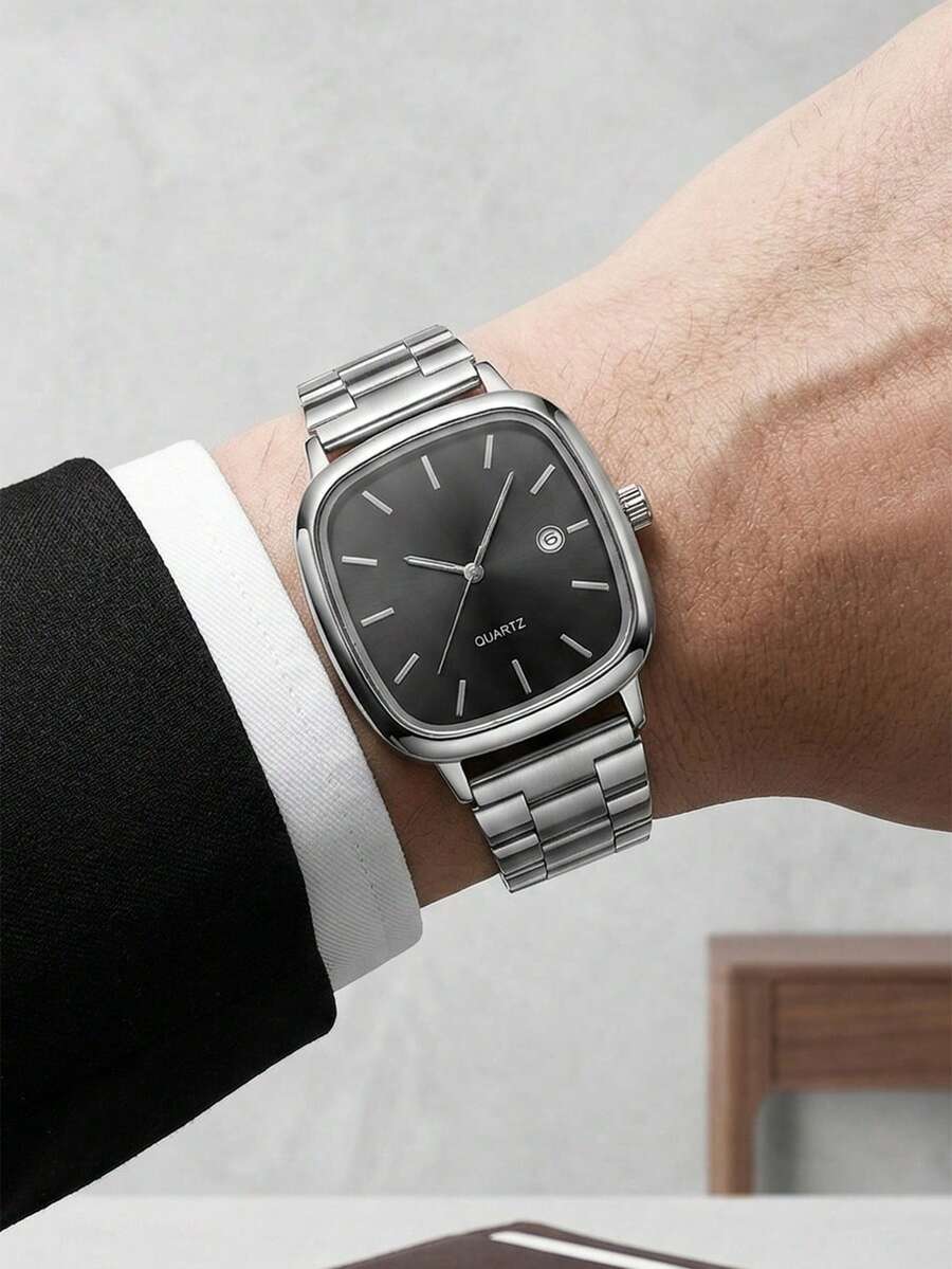 1pc Men's Quartz Watch Stainless Steel Strap Business Minimalist Bar Scale Retro Square With Calendar Function Dial Used For Daily Wear Party Decoration Or Father's Day Birthday Various Festival Gifts For Fathers And Brothers - Multicolor - View 1