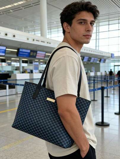 Men's Vintage Monogram Tote Bag, Large Capacity Brown PU Leather Shoulder Bag, Classic Pattern Work Bag For Commute & Business, Luxury Style Handbag With Double Handles