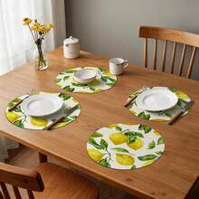 4 piezas/6 piezas Manteles individuales con estampado de limón de estilo campestre, material de lino sintético, disponibles en formas redondas, florales y rectangulares, decoración del hogar para primavera/verano, suministros para fiestas interiores/exteriores, decoración con tema retro, decoración de habitaciones. Adecuado para la decoración diaria de la cocina y la decoración de eventos y fiestas. - Multicolor - Ver 4