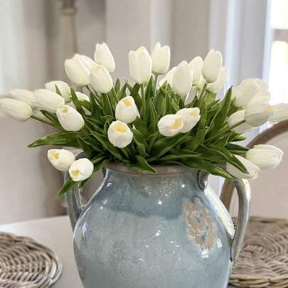 12支/6支/1支白色仿真郁金香，触感逼真，适合母亲节、复活节、春季送礼、家居装饰