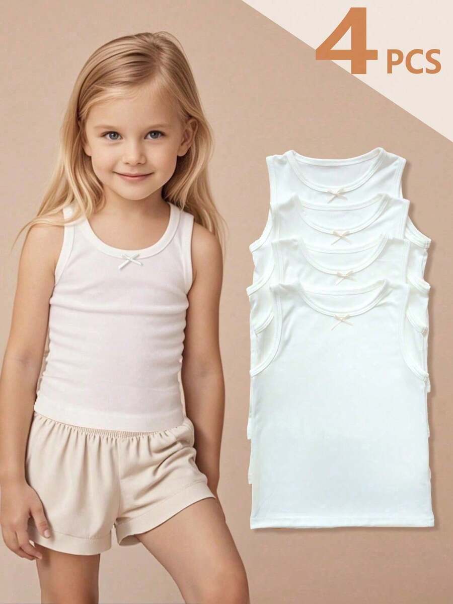 4 件女童可爱白色蝴蝶结吊带背心，适合女童作为内衣或外套穿着，四季皆宜 - 白色 - 查看 1