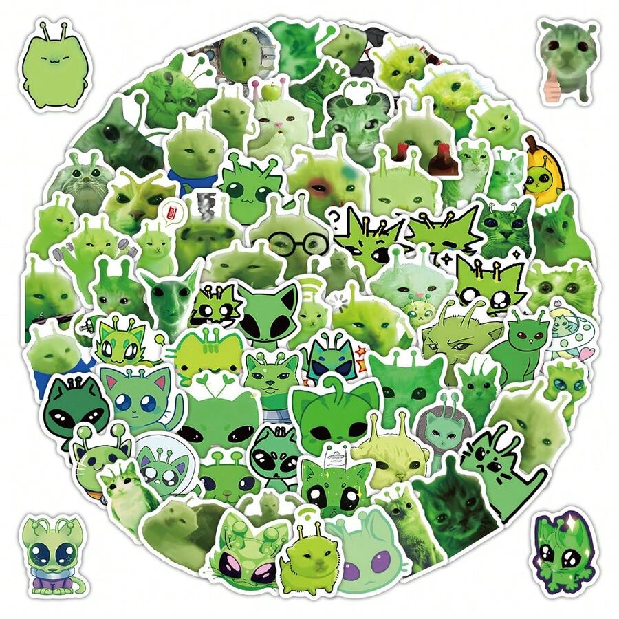 100PCS Funny Alien Cat Meme Stickers Green Alien Decals For Phone Laptop Suitcase Notebook Skateboard Alien Cat Stickers - Multicolor - View 1