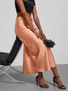 Jupe longue en satin à taille élastique pour femmes, style mode toutes saisons, printemps - Orange clair - Voir 7