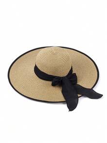 1 Pc Solid Color Casual Elegant Bohemian Straw Bow Wide Brim Round Top Sun Hat, UV Protection, Wind Proof, Decorative Strap, Fashionable, Versatile, Suitable For Commuting And Vacation, All Seasons - Round Straw Hat - View 25