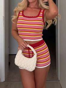 Summer Striped Casual Knit 2 Pieces Set, Square Neck Cropped Tank Top, Suitable For Vacation & Outings - Pink and White Stripes - View 5
