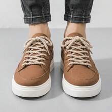 Tenis de hombre zapatos para hombre casuales de lona con cordones gruesos y diseño de costura, zapatillas urbanas de moda con suela de goma gruesa antideslizante, calzado cómodo y transpirable con plataforma ligera, tenis de estilo retro versátiles para diario, zapatos resistentes al desgaste y suaves. - Marrón - Ver 3