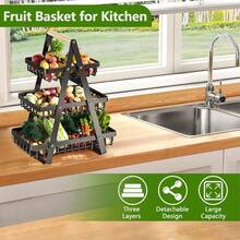 Luminpool 2 & 3 Tier Fruit Basket,Vegetable Rack,Bread Basket With Wooden Handle, Multifunctional Storage Rack, For Kitchens Home,Office - Negro de 3 niveles - Ver 5